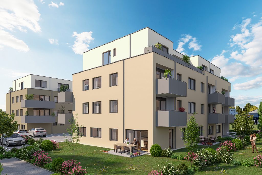 Eine Visualisierung zeigt die Ansicht zweier Mehrfamilienhäuser inmitten einer begrünten Außenanlage vor blauem, leicht bewölktem Himmel.